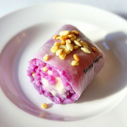 A delicious plate featuring a vibrant violet rice roll with melted cheese inside, expertly wrapped in a lumpia wrapper