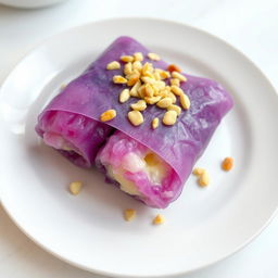A delicious plate featuring a vibrant violet rice roll with melted cheese inside, expertly wrapped in a lumpia wrapper