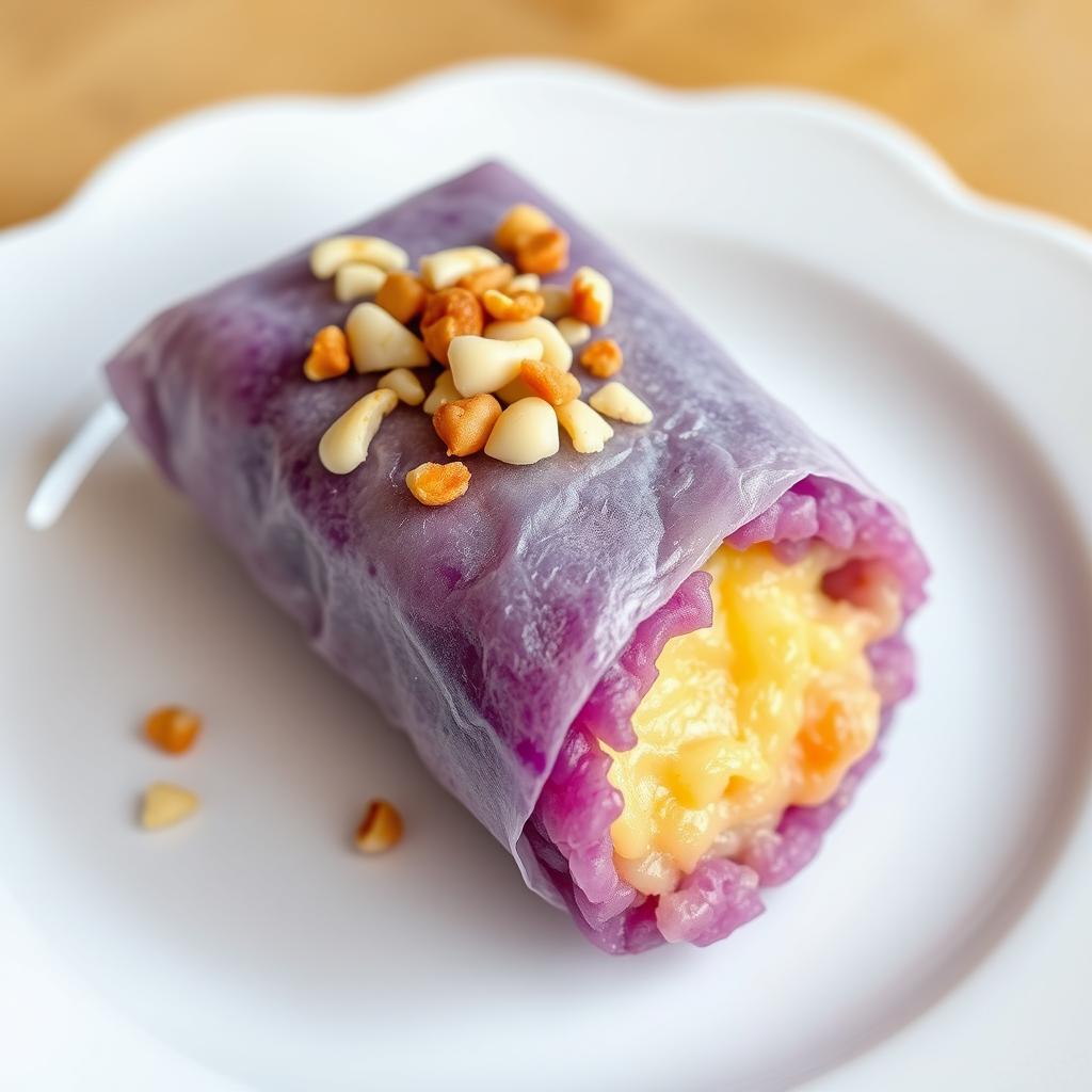 A delicious plate featuring a vibrant violet rice roll with melted cheese inside, expertly wrapped in a lumpia wrapper