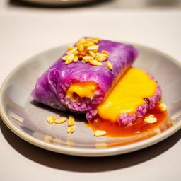 A delicious plate featuring a vibrant violet rice roll with melted cheese inside, expertly wrapped in a lumpia wrapper