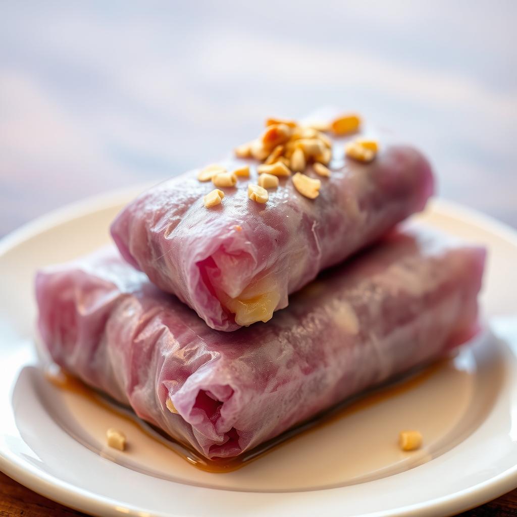 A delicious dish featuring a violet rice roll, skillfully wrapped in a lumpia wrapper, with melted cheese inside