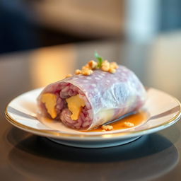 A delicious dish featuring a violet rice roll, skillfully wrapped in a lumpia wrapper, with melted cheese inside