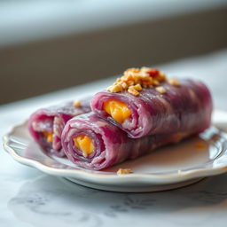 A delicious dish featuring a violet rice roll, skillfully wrapped in a lumpia wrapper, with melted cheese inside