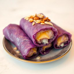 A delicious dish featuring a violet rice roll, skillfully wrapped in a lumpia wrapper, with melted cheese inside
