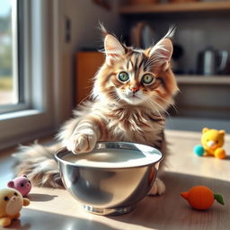 A playful domestic cat with fluffy fur, sitting gracefully beside a shiny bowl filled with creamy milk