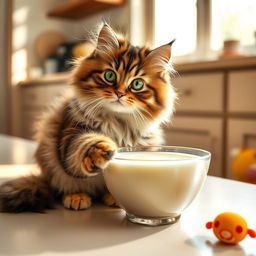 A playful domestic cat with fluffy fur, sitting gracefully beside a shiny bowl filled with creamy milk