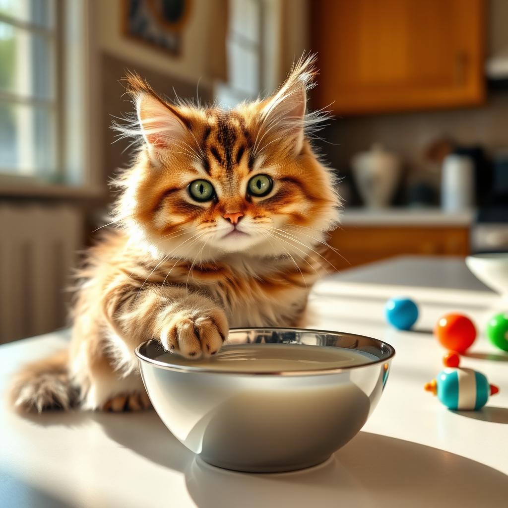 A playful domestic cat with fluffy fur, sitting gracefully beside a shiny bowl filled with creamy milk