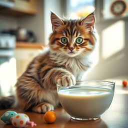 A playful domestic cat with fluffy fur, sitting gracefully beside a shiny bowl filled with creamy milk