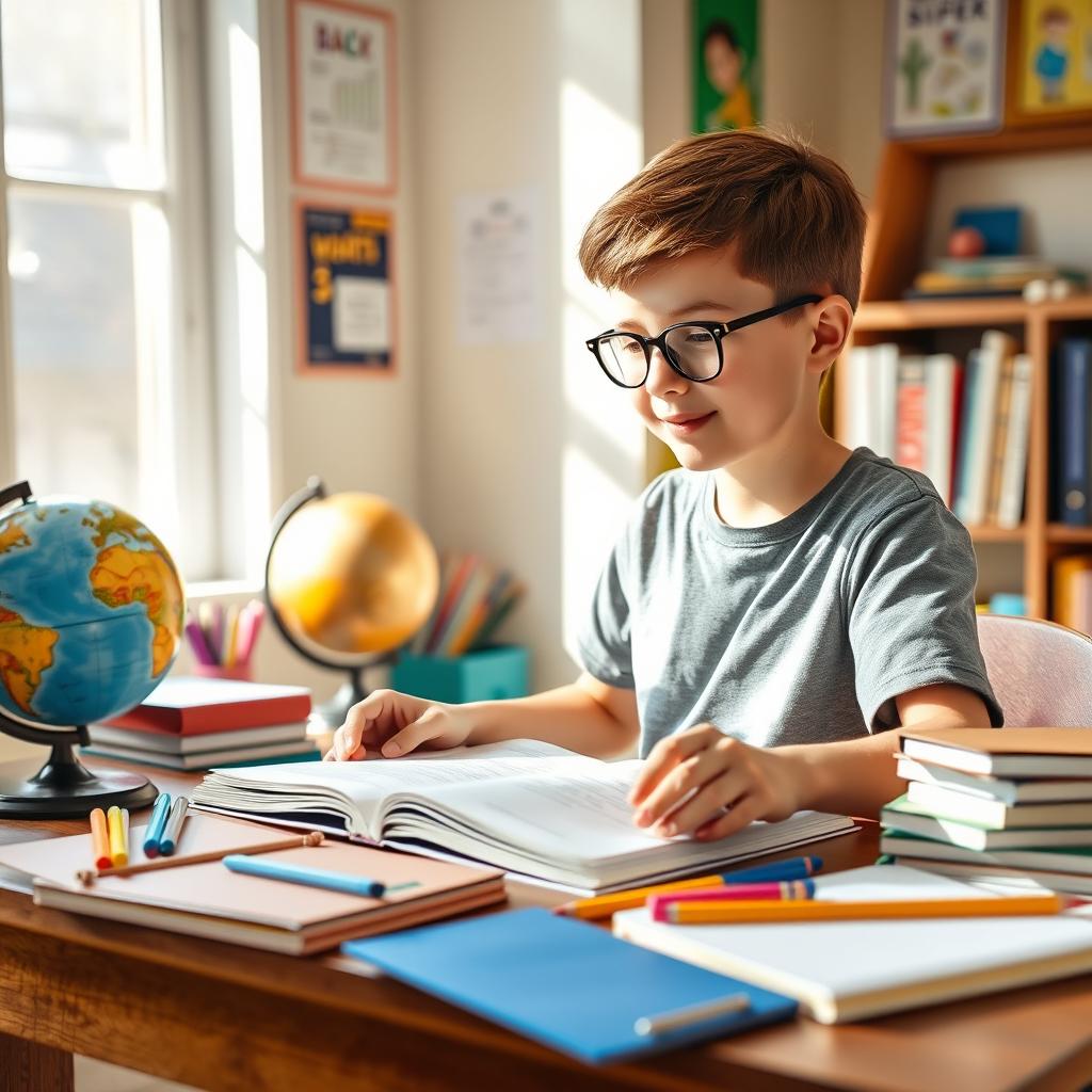 A focused young boy sitting at a desk, diligently working on his homework