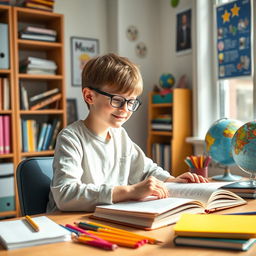 A focused young boy sitting at a desk, diligently working on his homework