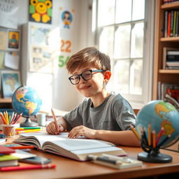 A focused young boy sitting at a desk, diligently working on his homework