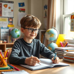A focused young boy sitting at a desk, diligently working on his homework