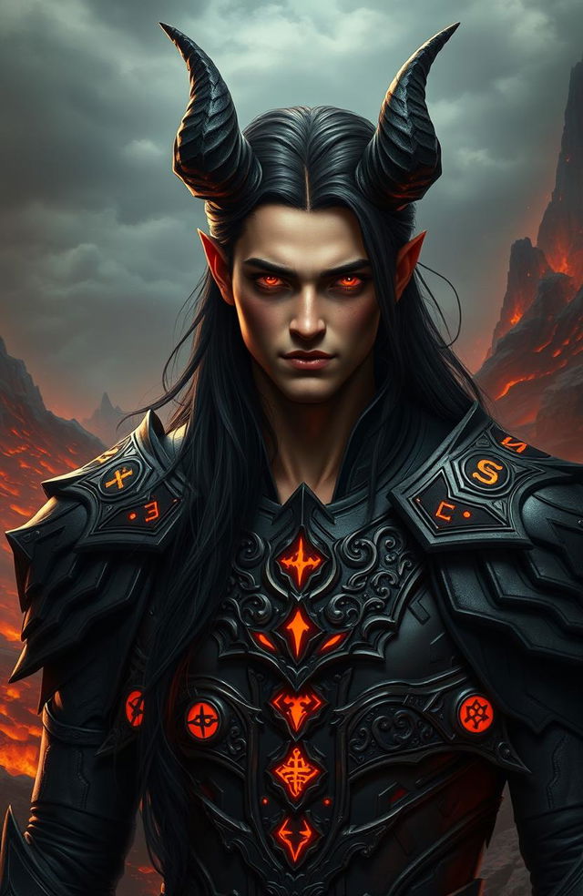 A handsome male demon prince from hell, embodying a blend of captivating human features and demonic characteristics