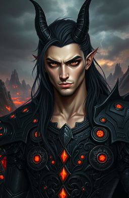 A handsome male demon prince from hell, embodying a blend of captivating human features and demonic characteristics