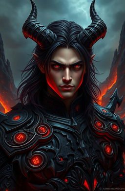 A handsome male demon prince from hell, embodying a blend of captivating human features and demonic characteristics