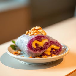 A beautifully arranged dish featuring a violet rice roll, filled with melted cheese and expertly wrapped in a lumpia wrapper