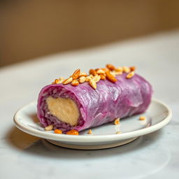 A beautifully arranged dish featuring a violet rice roll, filled with melted cheese and expertly wrapped in a lumpia wrapper
