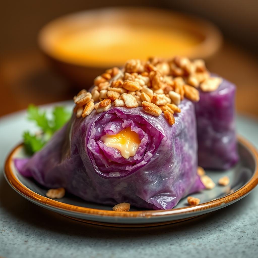 A beautifully arranged dish featuring a violet rice roll, filled with melted cheese and expertly wrapped in a lumpia wrapper