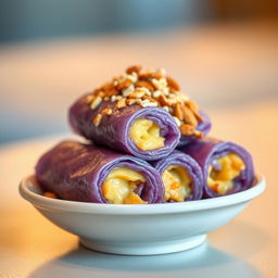 A beautifully arranged dish featuring a violet rice roll, filled with melted cheese and expertly wrapped in a lumpia wrapper