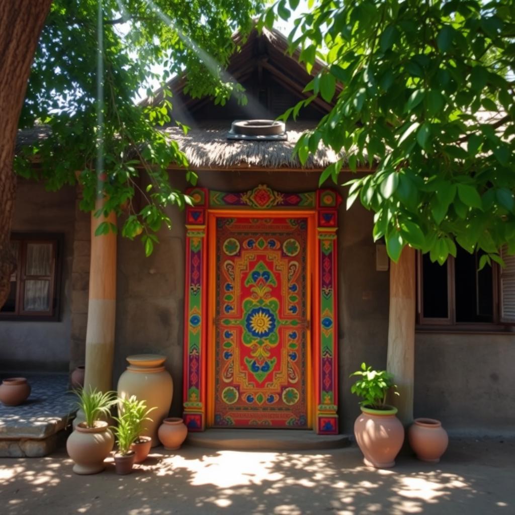 A picturesque scene of a traditional Indian village house, featuring a colorful, intricately carved wooden door