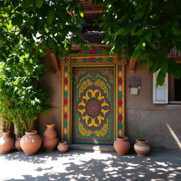 A picturesque scene of a traditional Indian village house, featuring a colorful, intricately carved wooden door