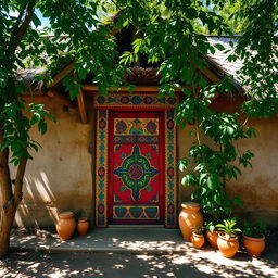A picturesque scene of a traditional Indian village house, featuring a colorful, intricately carved wooden door