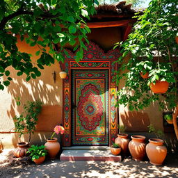 A picturesque scene of a traditional Indian village house, featuring a colorful, intricately carved wooden door