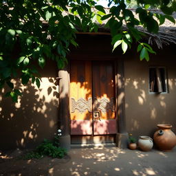 A traditional Indian village house with a rustic wooden door, adorned with intricate carvings and vibrant colors, set against a backdrop of lush greenery