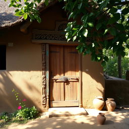 A traditional Indian village house with a rustic wooden door, adorned with intricate carvings and vibrant colors, set against a backdrop of lush greenery