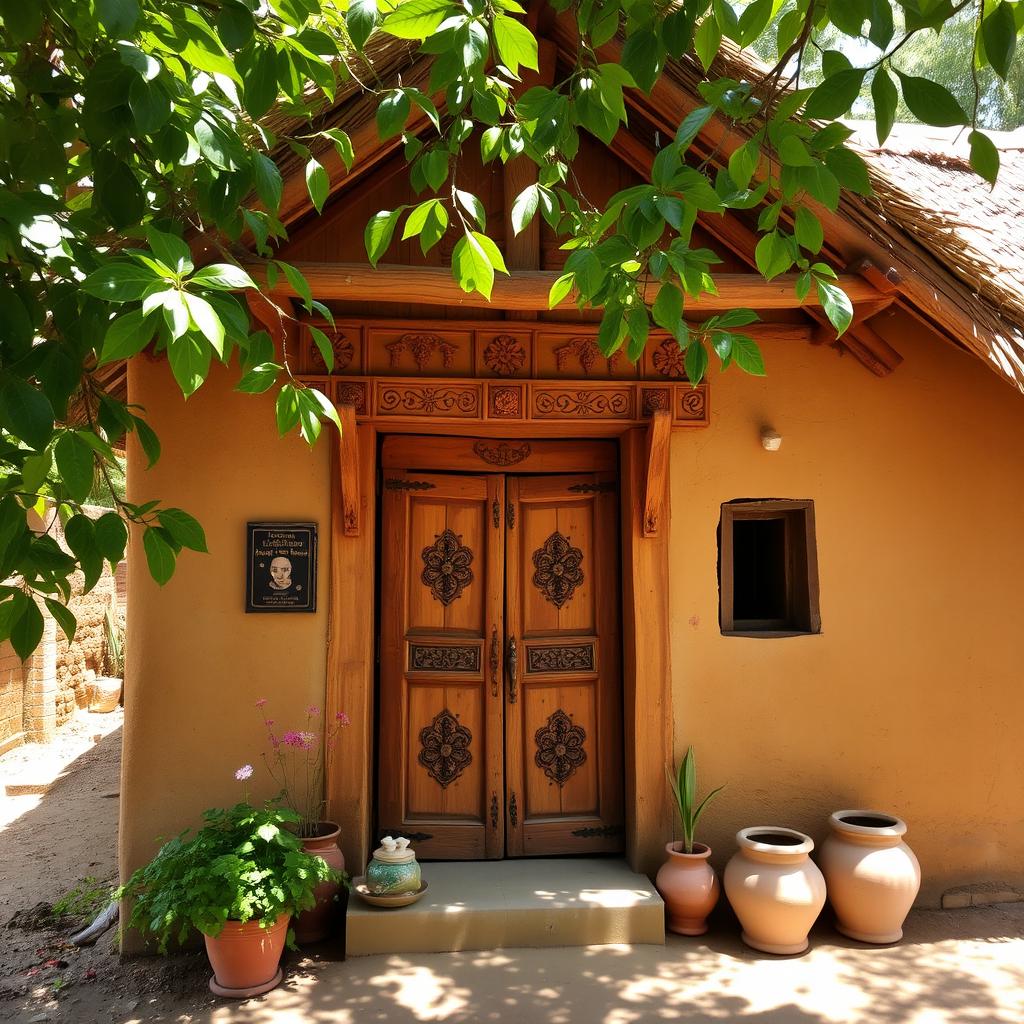 A traditional Indian village house with a rustic wooden door, adorned with intricate carvings and vibrant colors, set against a backdrop of lush greenery