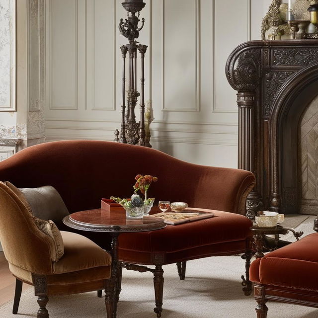 A precise plan showcasing Victorian-style living room furniture arrangement, including a plush velvet sofa, an ornate mahogany coffee table, high-backed chairs, and a vintage wooden fireplace mantel