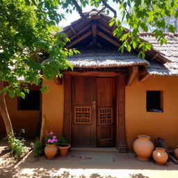 A traditional Indian village house with a rustic wooden door, adorned with intricate carvings and vibrant colors, set against a backdrop of lush greenery