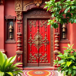 an intricately designed Indian house door, featuring bold colors like deep red and gold, adorned with traditional carvings and motifs, decorated with hanging brass bells and intricate patterns, showcasing the rich cultural heritage of India, framed by lush green plants and a colorful rangoli at the base, capturing the essence of Indian architecture and craftsmanship