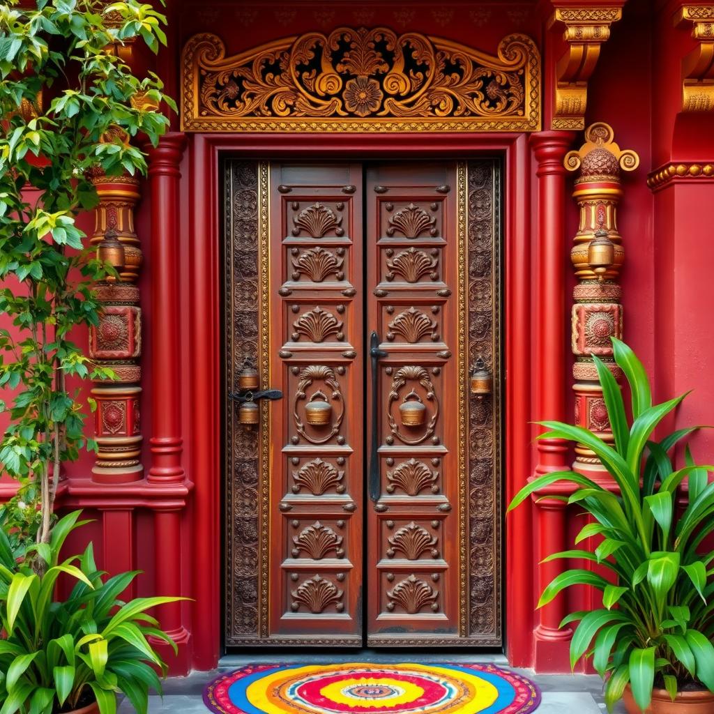 an intricately designed Indian house door, featuring bold colors like deep red and gold, adorned with traditional carvings and motifs, decorated with hanging brass bells and intricate patterns, showcasing the rich cultural heritage of India, framed by lush green plants and a colorful rangoli at the base, capturing the essence of Indian architecture and craftsmanship