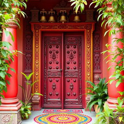 an intricately designed Indian house door, featuring bold colors like deep red and gold, adorned with traditional carvings and motifs, decorated with hanging brass bells and intricate patterns, showcasing the rich cultural heritage of India, framed by lush green plants and a colorful rangoli at the base, capturing the essence of Indian architecture and craftsmanship