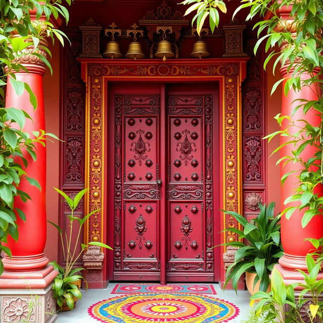 an intricately designed Indian house door, featuring bold colors like deep red and gold, adorned with traditional carvings and motifs, decorated with hanging brass bells and intricate patterns, showcasing the rich cultural heritage of India, framed by lush green plants and a colorful rangoli at the base, capturing the essence of Indian architecture and craftsmanship