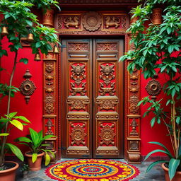 an intricately designed Indian house door, featuring bold colors like deep red and gold, adorned with traditional carvings and motifs, decorated with hanging brass bells and intricate patterns, showcasing the rich cultural heritage of India, framed by lush green plants and a colorful rangoli at the base, capturing the essence of Indian architecture and craftsmanship
