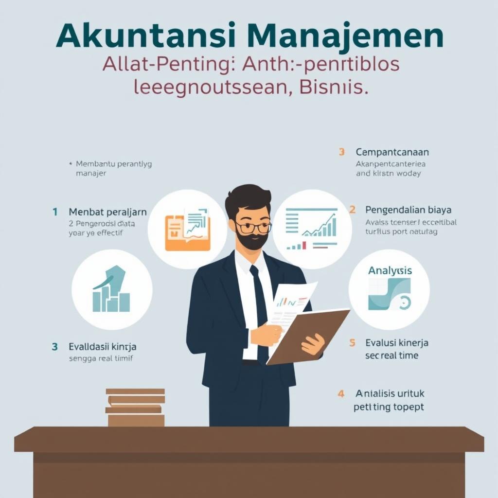 Poster edukasi tentang Akuntansi Manajemen yang menjelaskan pentingnya peran akuntansi manajemen dalam pengambilan keputusan bisnis