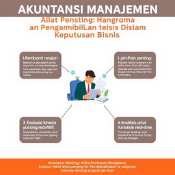 Poster edukasi tentang Akuntansi Manajemen yang menjelaskan pentingnya peran akuntansi manajemen dalam pengambilan keputusan bisnis