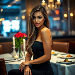 A sexy woman sitting at a restaurant table, elegantly dressed in a sleek, figure-hugging black dress, her long, silky hair cascading over her shoulders