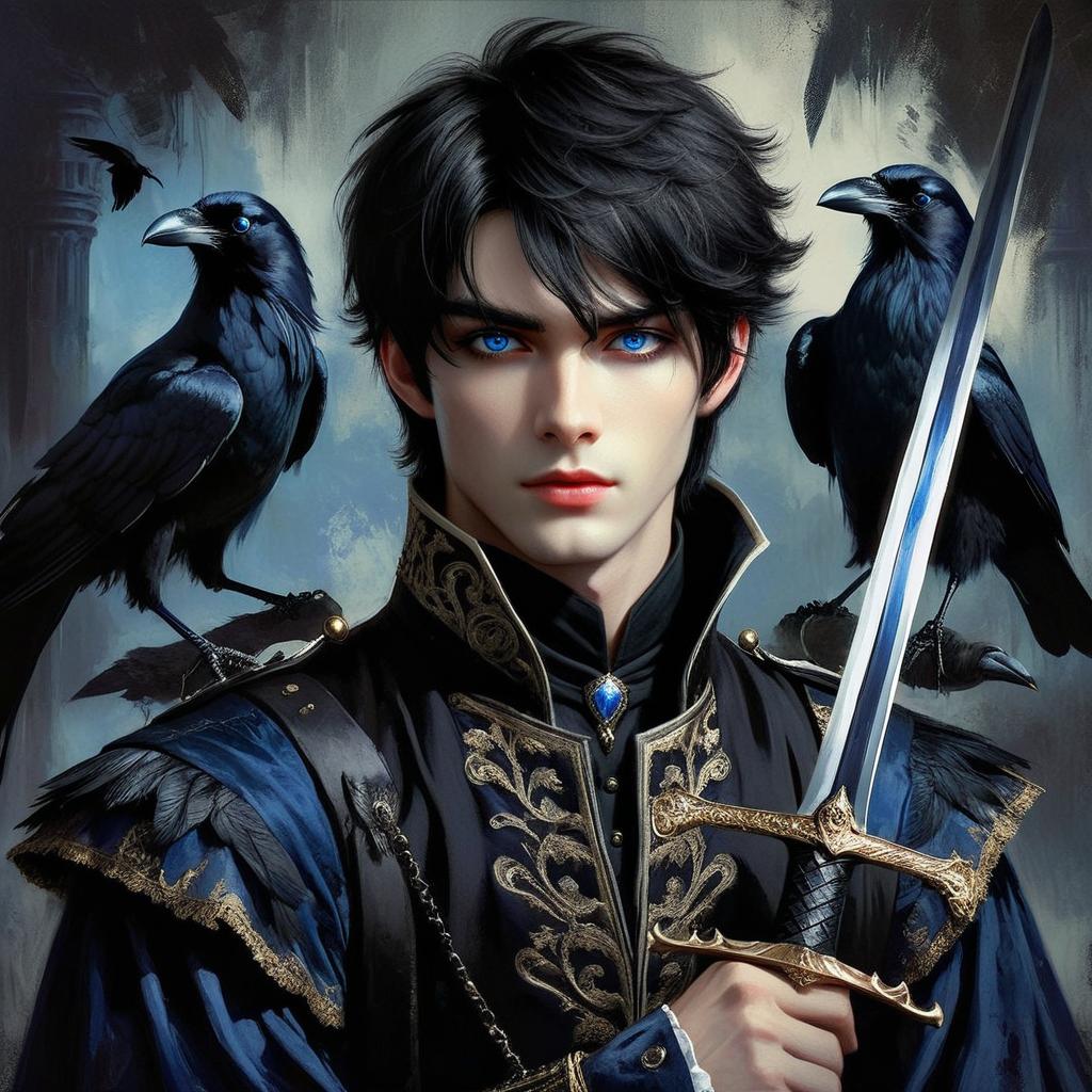 expand the images to be a book cover. a young man with black hair and blue eyes,