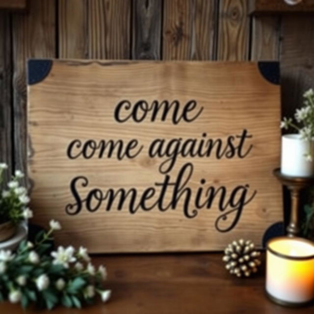 A vintage wooden board, beautifully crafted, showcasing the phrase 'come against something' in elegant calligraphy