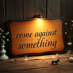 A vintage wooden board, beautifully crafted, showcasing the phrase 'come against something' in elegant calligraphy