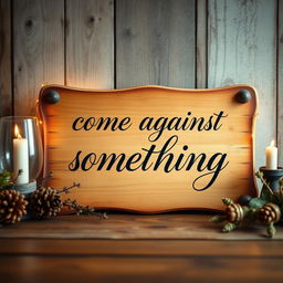A vintage wooden board, beautifully crafted, showcasing the phrase 'come against something' in elegant calligraphy