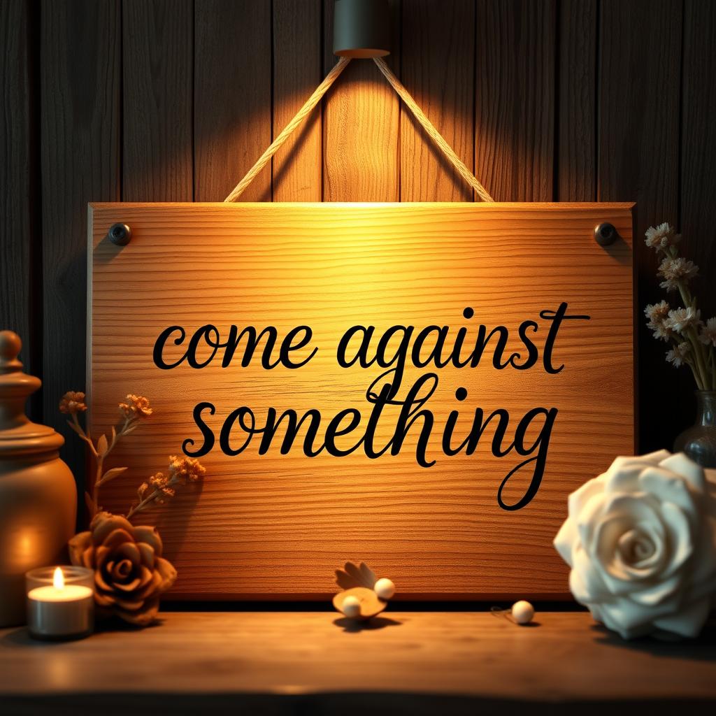 A vintage wooden board, beautifully crafted, showcasing the phrase 'come against something' in elegant calligraphy
