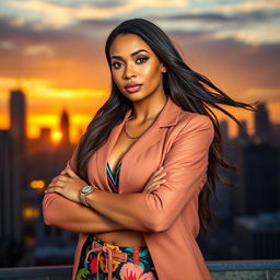 A proud woman standing confidently with her arms crossed, exuding strength and self-assuredness