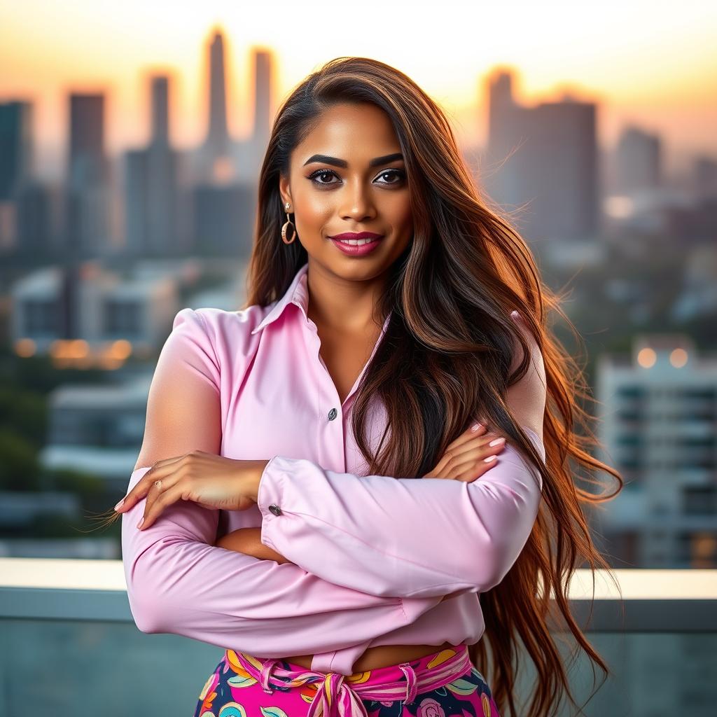 A proud woman standing confidently with her arms crossed, exuding strength and self-assuredness