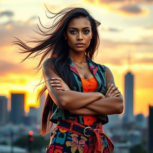 A proud woman standing confidently with her arms crossed, exuding strength and self-assuredness