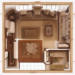 A precise plan showcasing Victorian-style living room furniture arrangement, including a plush velvet sofa, an ornate mahogany coffee table, high-backed chairs, and a vintage wooden fireplace mantel