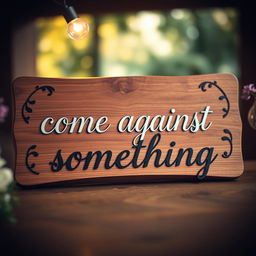 A beautifully crafted wooden board displaying the phrase 'come against something' in elegant cursive lettering
